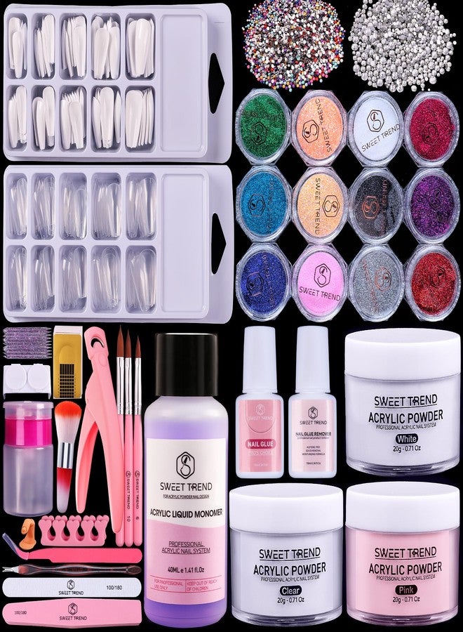 SWEET TREND Beginners Nail Kit Acrylic Set: Professional Ultra-fine Acrylic Powder Kit with Everything - Starter Set with 600 Nail Tips Glitter Powder Nail Glue & Remover - Nail Art Supplies for DIY Home Salon - Image 1